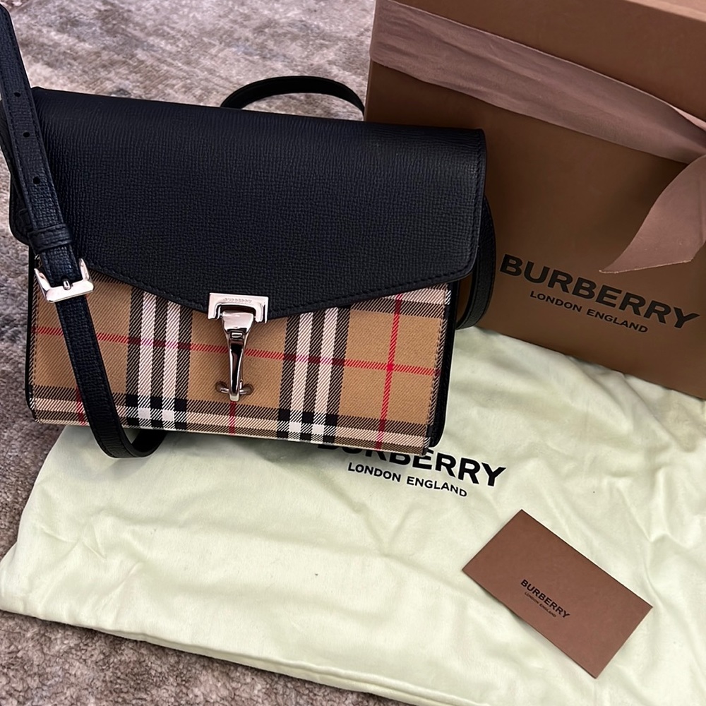 Burberry Macken Crossbody Bag in Leather and Vintage Check Canvas